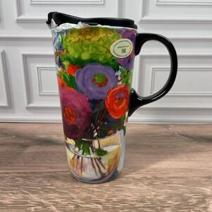 Cypress Home Floral Art Travel Mug With Lid Microwave Safe 17 Ounce